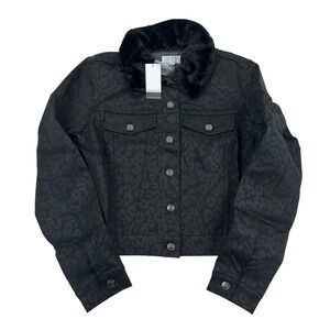 NWT Sofia Jeans Sofia Vergara Black Animal Print Jacket Removable Fur Collar L